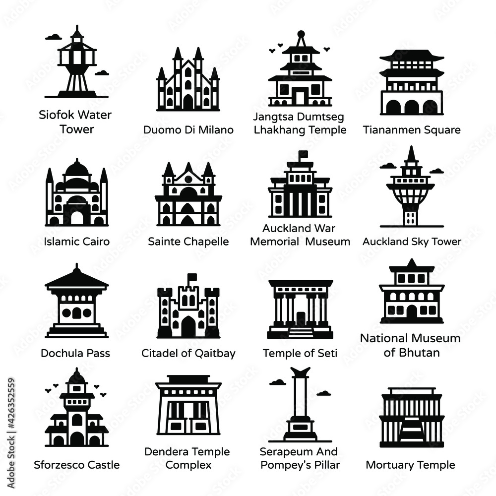 Wall mural solid icons of landmarks and memorials pack