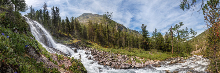 panorama of the waterfall on the Transversal river cascade of the Multin lakes of the Altai...
