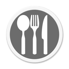 Runder grauer Button zeigt Restaurant oder Essen mit Besteck