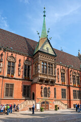 Wroclaw, Poland, Polska, Lower Silesia, Dolnoslaskie,  South side of the old town hall in the Gothic style market square (Rynek), Europe