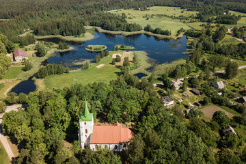 Fototapeta na wymiar Aerial view of Zlekas village and lutheran church, Latvia.