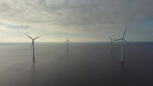 Off shore wind turbines off the coast of Flevoland in the IJsselmeer in The Netherlands aerial view