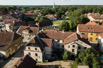 Fototapeta na wymiar Aerial view of old town in city Kuldiga and red roof tiles, Latvia