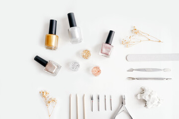 Obraz premium Tools of manicure set on white background.