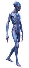 3D Rendering Blue Alien on White