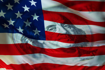 American financial system. American flag and us dollar. American currency. U.S. economy. World economy. Economy of different countries.