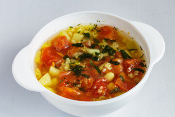 Tomato soup with beans and spices. Delicious vegetarian soup.