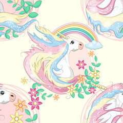 Doodle unicorn pattern for textile design. Animal cartoon. Ditsy print. Trendy seamless pattern. Fabric pattern.