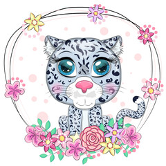 Cartoon snow leopard with expressive eyes among flowers, hearts, decorative elements. Wild animals, character, childish cute style.