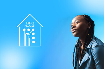 Dark-skinned girl dreams of a smart home. African-American woman is going to connect the cottage to the Smart Home system. Woman wants to use a home automation system. IOT and African-American model.