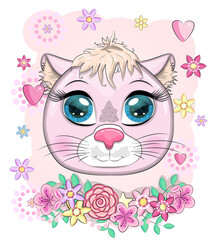 Fototapeta premium Cute cartoon pink cat, kitten on a background of flowers
