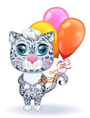 Cartoon snow leopard with expressive eyes among flowers, hearts, decorative elements. Wild animals, character, childish cute style.