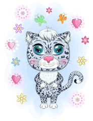 Cartoon snow leopard with expressive eyes among flowers, hearts, decorative elements. Wild animals, character, childish cute style.
