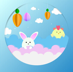 Easter illustration of a rabbit and chicken in the clouds