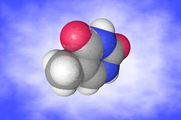 Space-filling molecular model of thymine. Atoms are represented as spheres with conventional color coding: carbon (grey), nitrogen (blue), oxygen (red), hydrogen (white). 3d illustration
