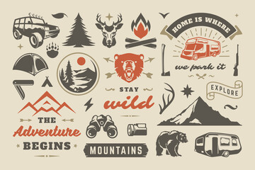 Summer camping and outdoor adventures design elements set, quotes and icons vector illustration.