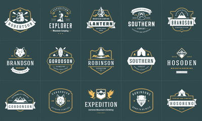 Obraz premium Camping logos and badges templates vector design elements and silhouettes set