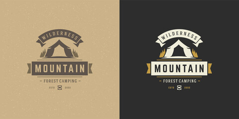 Forest camping logo emblem outdoor adventure vector illustration forest and tent silhouettes © provectors