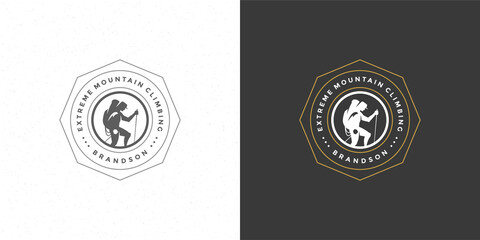 Climber logo emblem outdoor adventure expedition vector illustration mountaineer man silhouette