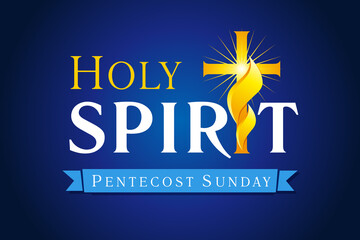 Holy Spirit, Pentecost Sunday with cross in fire. Invitation vector banner template from service of Pentecost with text and cross in tongue of flame