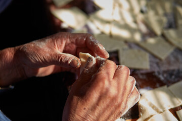 Woman's hands made Ukrainian national food - dumplings. Preparation for baking. homemade baking. Trendy shadows