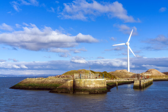 A wind turbine at the entrance to Heysham harbour.