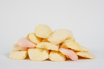  Dried fruits isolated on white. Dried apples on white background. Free space for text. Naturally dried white apple.  Organic fruit. High quality 4k video. Studio photo.