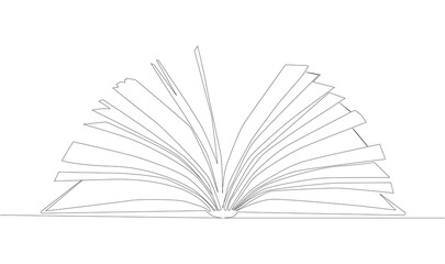Stack of opened books in style of one line. Black contour. Graphic.