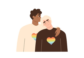 Happy gay couple together. Homosexual love, relationship or marriage. Gay rights, support and equality concept. Pride movement. LGBT activists characters. Isolated flat vector illustration