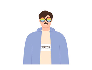 Happy fashionable gay man on a pride parade. LGBT activist, pride movement concept. Gay rights, support and equality. Homosexual character. Isolated flat vector illustration