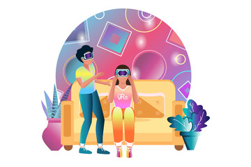 A girl and a guy in virtual reality glasses. Cartoon style. Used in web design for collages. Simple flat vector drawing.