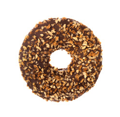 Donut with frosted chocolate glaze and nuts sprinkles isolated on white background. One round...