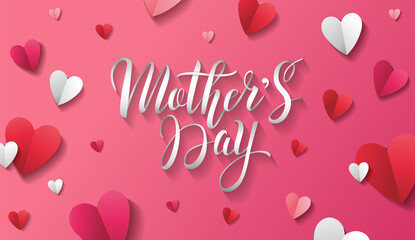 Mother's Day greeting card design with paper lettering and paper hearts on pink background. - Vector