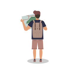 Vector illustration of a traveler character with a map and a backpack, view from the back. For the image of hiking, healthy lifestyle, goal.Flat