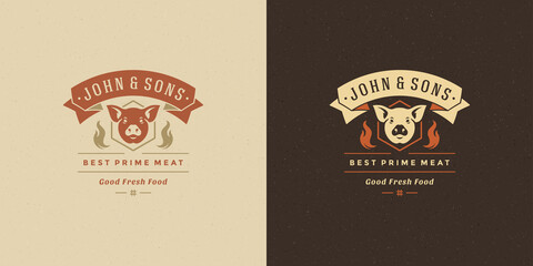 Barbecue logo vector illustration grill steak house or bbq restaurant menu emblem pig head silhouette
