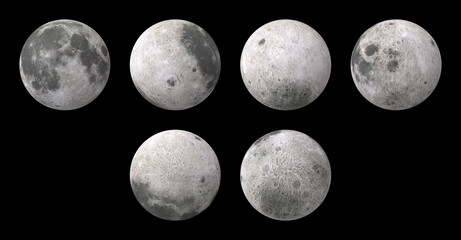 3D concept illustration of the moon from 4 sides plus top and bottom