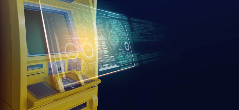 Blank screen of ATM machine of Banking and investment data graph on dark color background. of free space for your copy, view from top. Creativity ideas concept. - Powered by Adobe