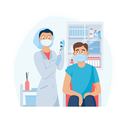 A doctor in a clinic vaccinates a man, conceptual illustration for immunity health. Immunization of adults. Flat illustration isolated on white background