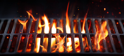 BBQ Grill With Bright Flames And Glowing Coals - obrazy, fototapety, plakaty