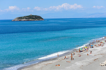 View of the large beach of Diamante, in the background the island of Cirella, Diamante, District of...
