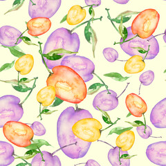 Watercolor seamless pattern. Apricot on a branch. Fruit plum, cherry plum, peach. Beautiful background for fabric, packaging, shawl.Watercolor drawing of apricot. Use for decoration and design.prune