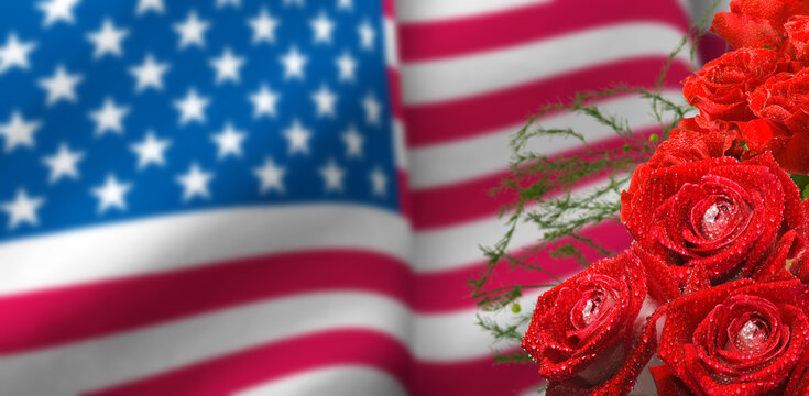beautiful flowers and the US state flag close up