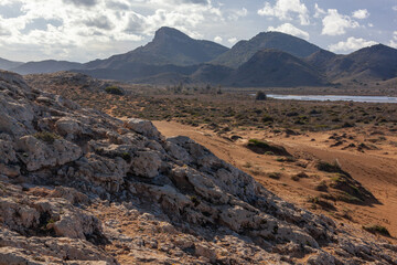Picturesque stony landscape in the natural park of Calblanque, Murcia, Spain