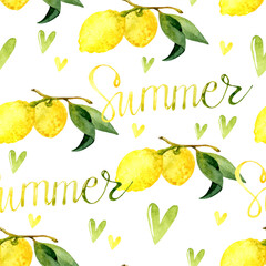 Summer lemon watercolor seamless pattern on white background