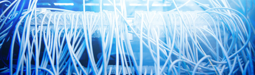 Concept internet data center blue background. Banner fiber ethernet cable on network switches...