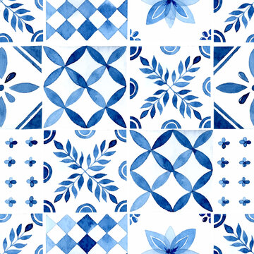 Rustic blue tile watercolor seamless pattern