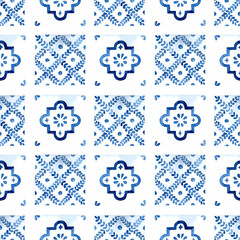 Watercolor blue azulejo tile seamless pattern