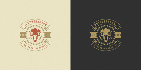 Butcher shop logo vector illustration cow head silhouette good for farm or restaurant badge