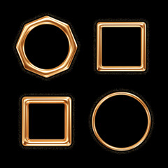 Set of 3d golden frames of different shapes isolated on black background. Design element for greeting card, invitation or sale banner