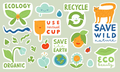 Ecological stickers. Collection of ecology stickers with slogans - ecology, recycle, use menstrual cup, save wild nature, save the earth, organic, eco beauty. Bundle of bright vector design elements.